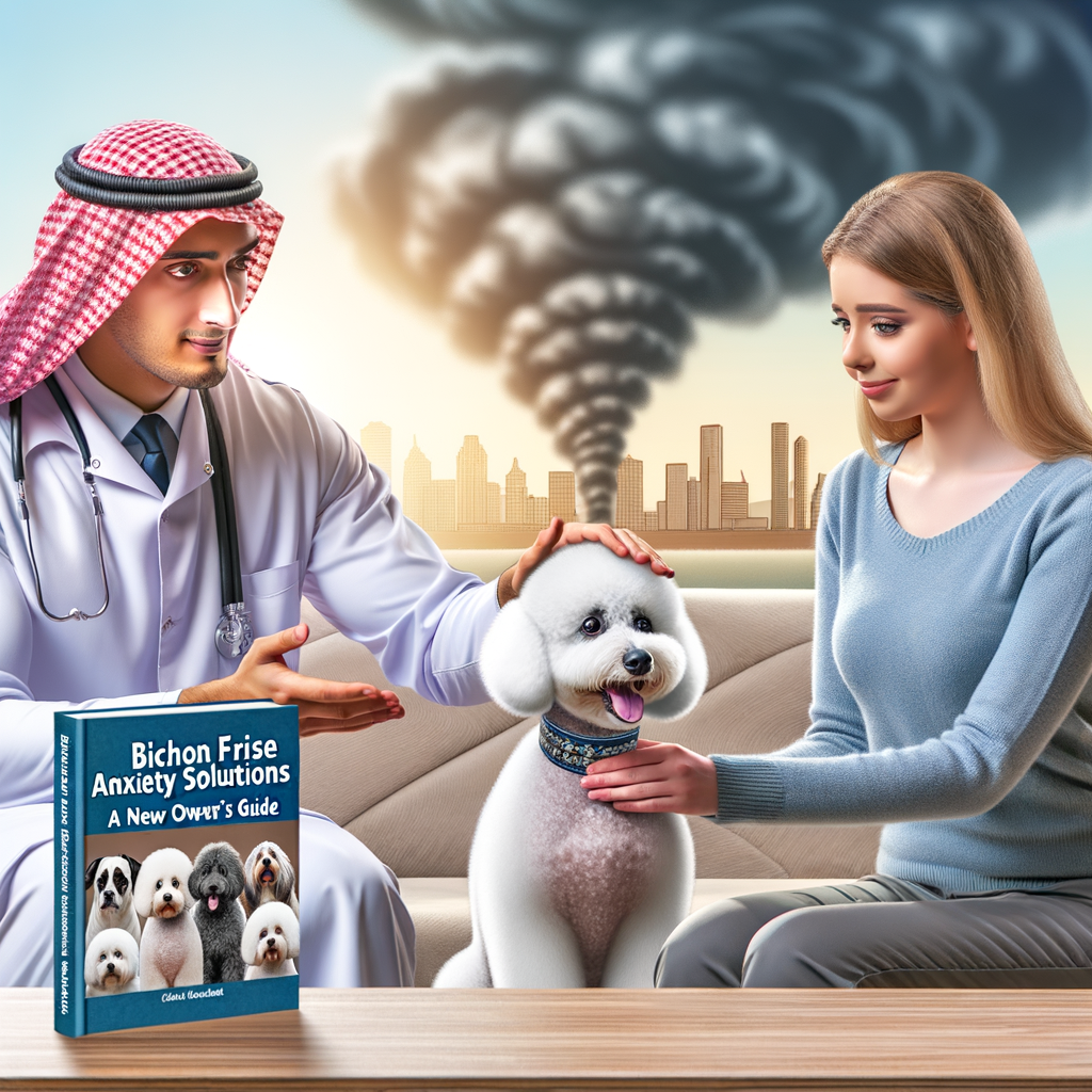 Professional dog trainer teaching calming techniques to new Bichon Frise owner, reducing Bichon Frise fear and anxiety with 'Bichon Frise Anxiety Solutions: A New Owner's Guide' book.