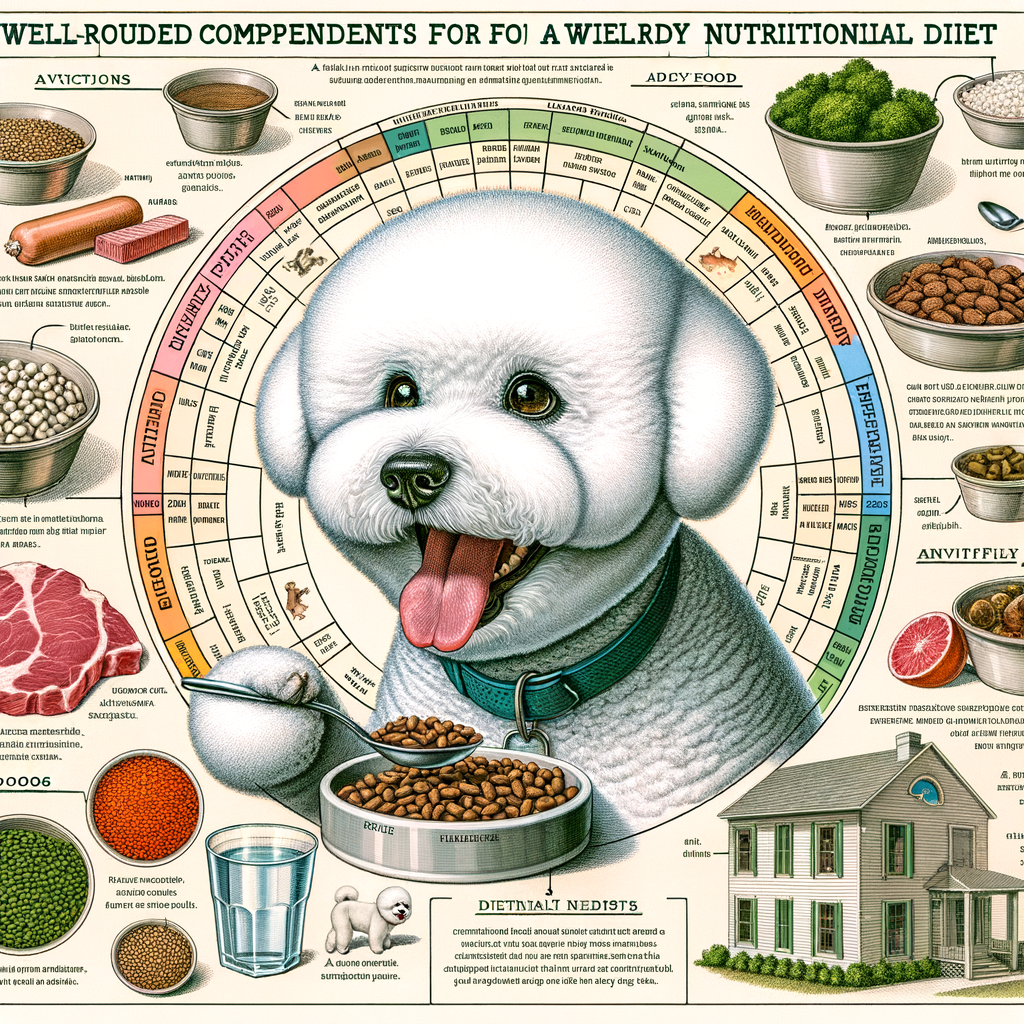 Infographic illustrating a balanced Bichon Frise diet with key ingredients for Bichon Frise food, nutritional needs, and meal planning tips for a healthy Bichon Frise nutrition guide.