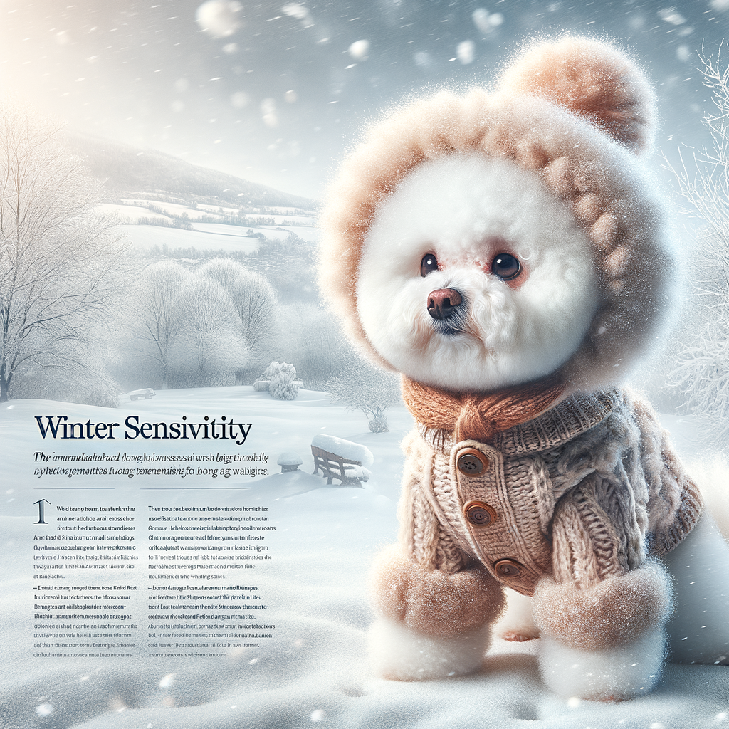 Bichon Frises in winter coat illustrating breed's cold sensitivity and temperature tolerance, with sidebar of winter care tips and importance of keeping Bichon Frises warm in cold climates for Chilly Canines article.