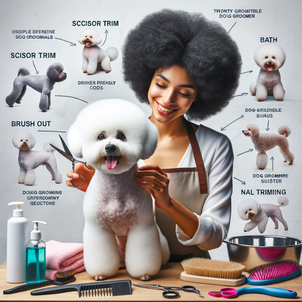 Professional Bichon Frise groomer demonstrating grooming techniques and hair care essentials, highlighting Bichon Frise grooming tips and requirements, and the importance of finding a reliable dog groomer for trusted Bichon Frise grooming services.
