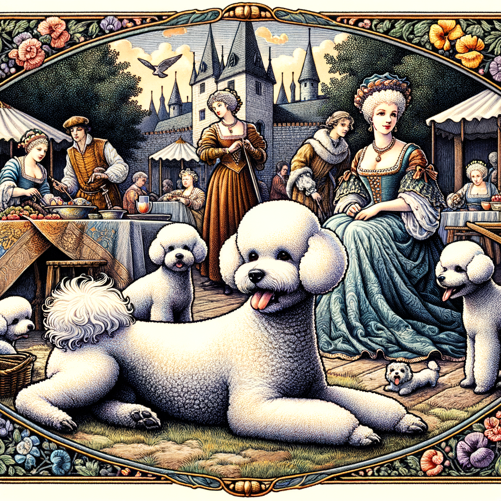 Bichon Frises dogs interacting with Medieval European nobility, illustrating the historical significance and popularity of this trendsetting breed in European canine trends.