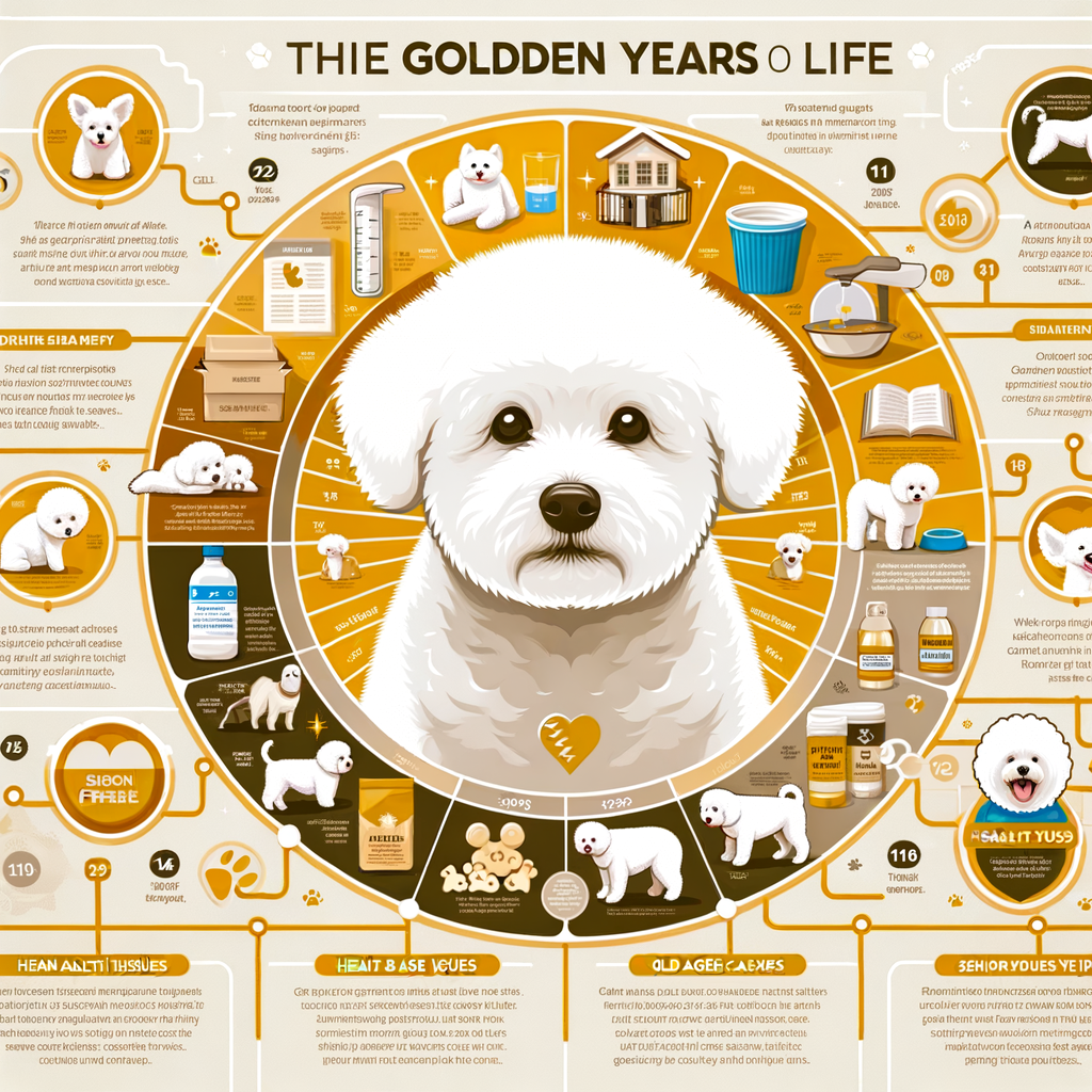 Infographic illustrating the Bichon Frise aging process, senior health issues, and old age care tips for embracing the golden years of a Bichon Frise's life.