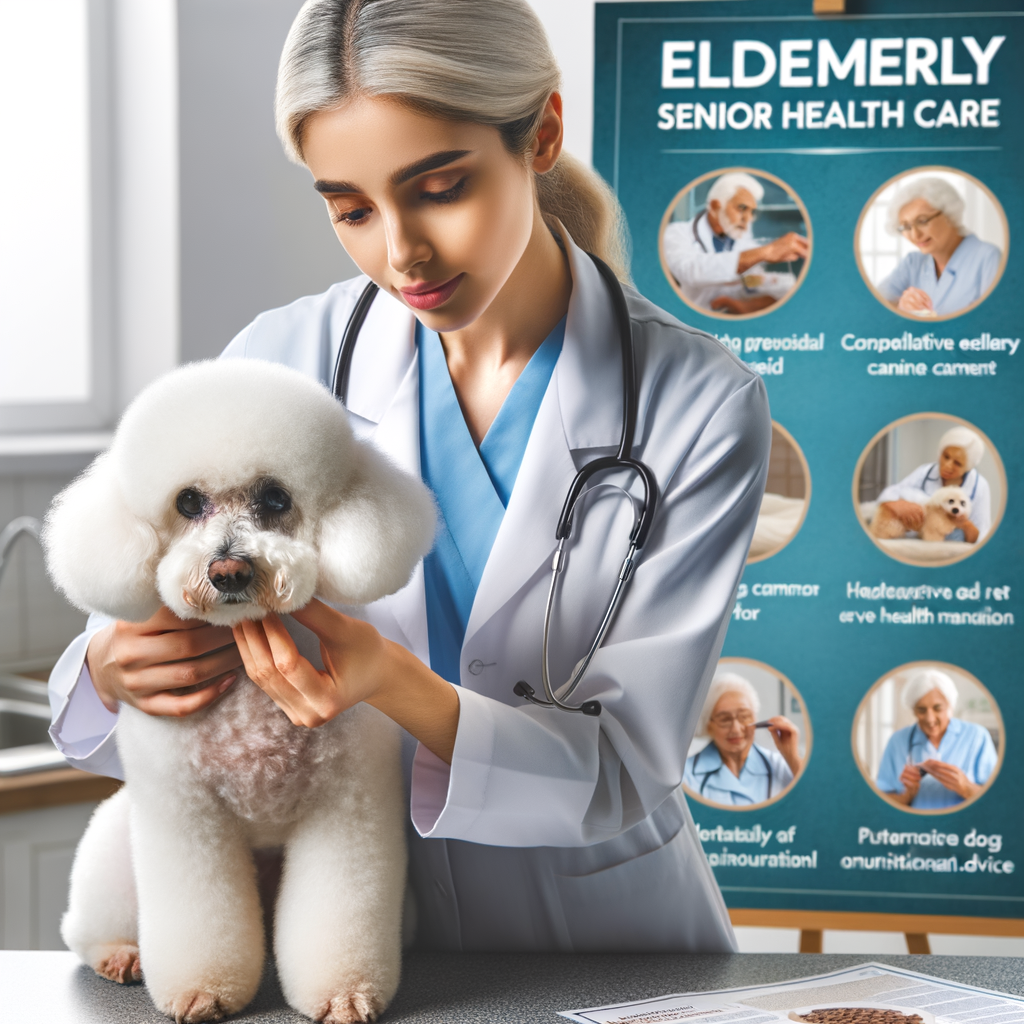Veterinarian examining senior Bichon Frise health, highlighting Bichon Frise aging signs and providing elderly Bichon Frise care tips, including diet recommendations for managing Bichon Frise old age problems.