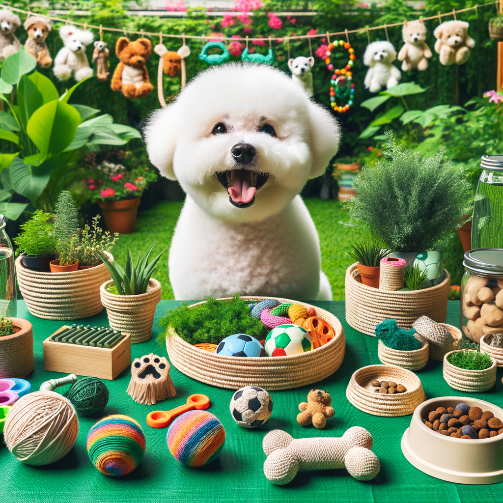 Bichon Frise enjoying eco-friendly lifestyle in a green garden with sustainable pet care products, illustrating green living with pets and sustainable Bichon Frise tips.