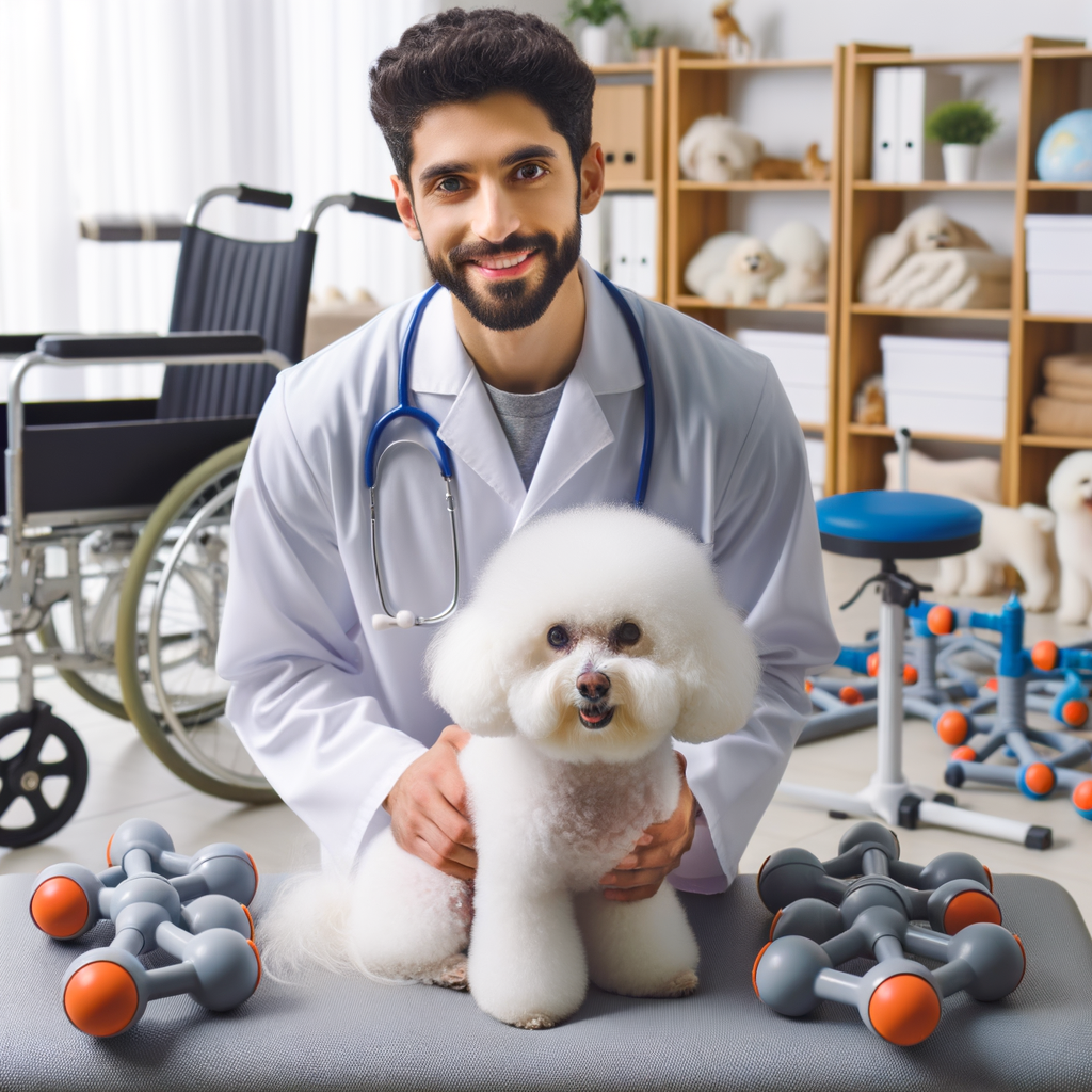 Veterinarian expertly demonstrating Bichon Frise physical therapy and arthritis care, using mobility aids for senior Bichon Frise care to manage mobility issues in dogs, particularly Bichon Frise health problems.