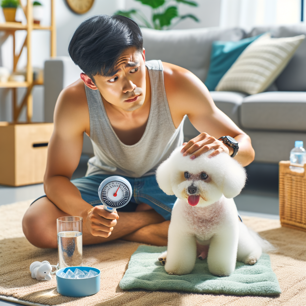 Bichon Frise owner checking dog's temperature, highlighting Bichon Frise overheating and heat sensitivity concerns, demonstrating summer care and heat precautions to prevent heat stroke and heat intolerance in Bichon Frises during hot weather.