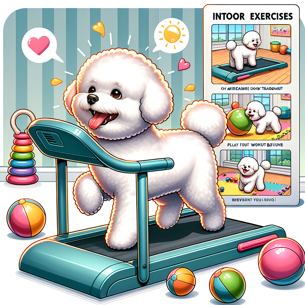 Bichon Frise engaging in fun indoor exercises and workout routines on a treadmill and exercise mat, with a sidebar of fitness tips for keeping your Bichon Frise fit and promoting health through indoor activities.