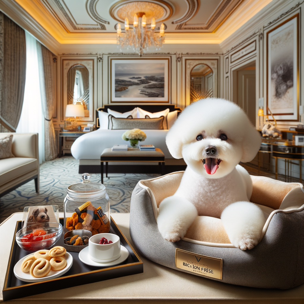 Luxury pet-friendly hotel suite designed for Bichon Frise travel companions, featuring high-end amenities, plush dog bed, and gourmet pet treats.