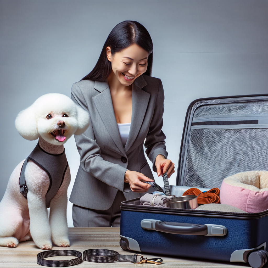 Prepared traveler packing Bichon Frise travel essentials with a happy dog ready for a journey, illustrating stress-free travel with Bichon Frise tips and pet-friendly travel advice.