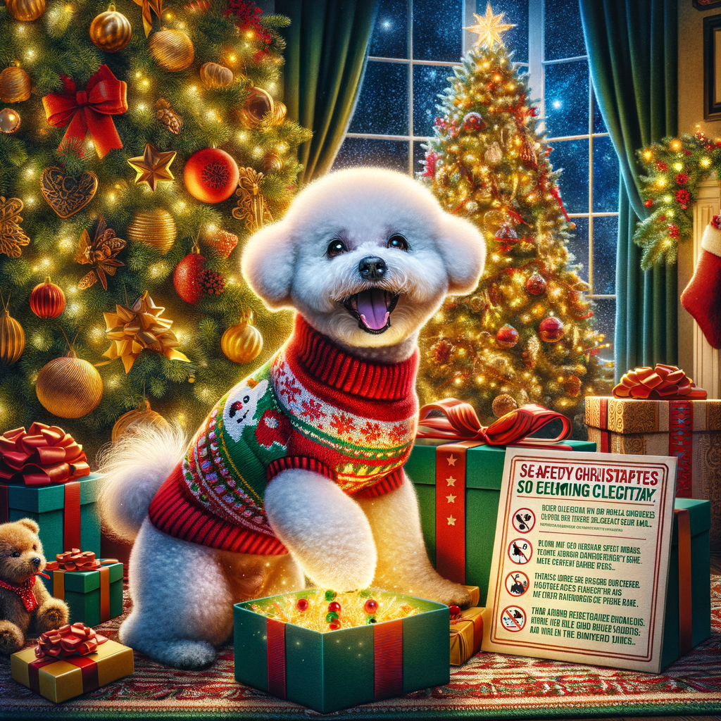 Bichon Frise in Christmas sweater enjoying safe holiday activities under decorated tree, with sidebar of Bichon Frise holiday safety tips for fun and safe Christmas celebrations with pets.