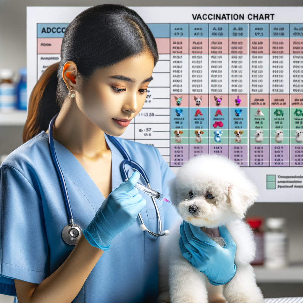Veterinarian administering essential vaccines to a Bichon Frises puppy, with a comprehensive vaccination schedule in the background, highlighting the importance of Bichon Frises immunization for optimal health care.