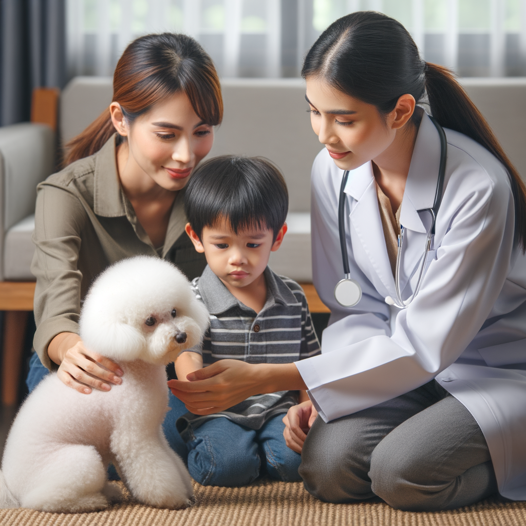 Child safely petting a Bichon Frise under professional dog trainer's supervision, demonstrating Bichon Frise socialization, behavior, and safe interaction with children for effective dog socialization tips