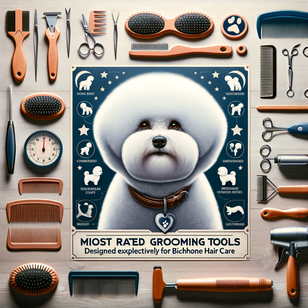 Professional Bichon Frise grooming tools, including top-rated brushes and combs for Bichon Frise hair care, showcased in a step-by-step grooming guide emphasizing coat maintenance with high-quality products.