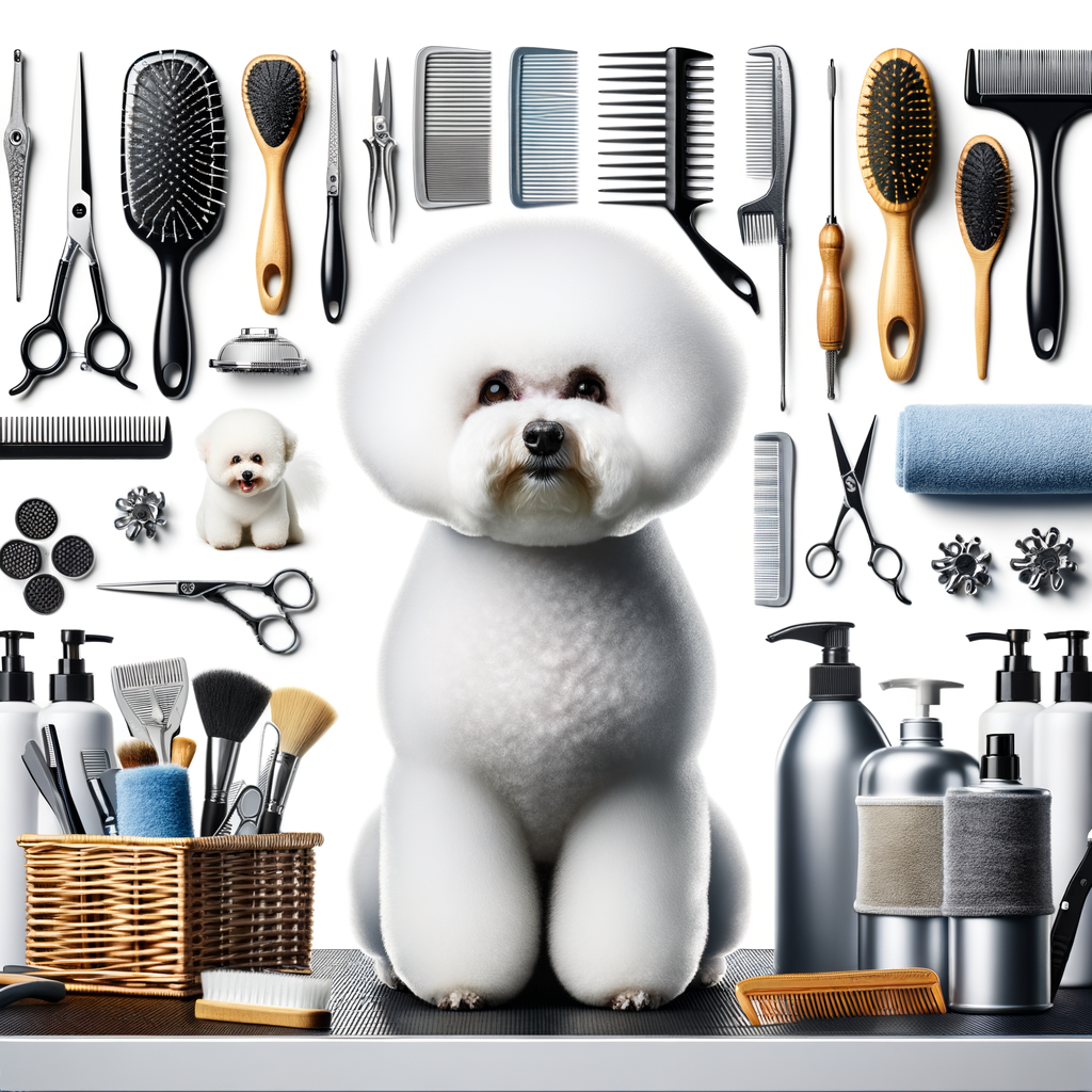 Bichon Frise grooming essentials displayed with a well-groomed Bichon Frise, illustrating the Bichon Frise grooming guide and techniques for new owners and beginners.