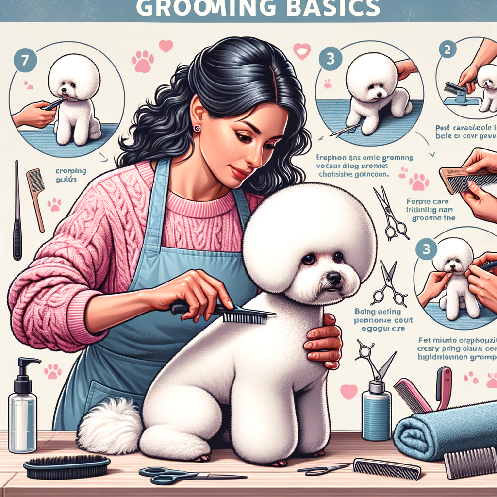 Professional groomer demonstrating Bichon Frise grooming basics and techniques, maintaining the coat for new Bichon Frise owners with a sidebar guide on Bichon Frise care tips and hair care.