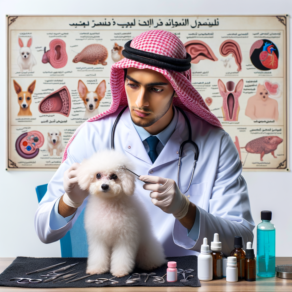 Veterinarian demonstrating Bichon Frise ear care and cleaning to prevent ear infections, with tools, remedies, and a chart of symptoms for Bichon Frise ear diseases.