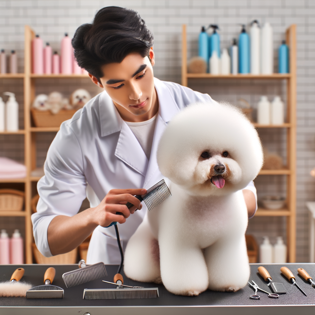 Professional groomer demonstrating Bichon Frise grooming and coat maintenance, highlighting fluffy Bichon Frise care and hair care tips for maintaining coat health and appearance.