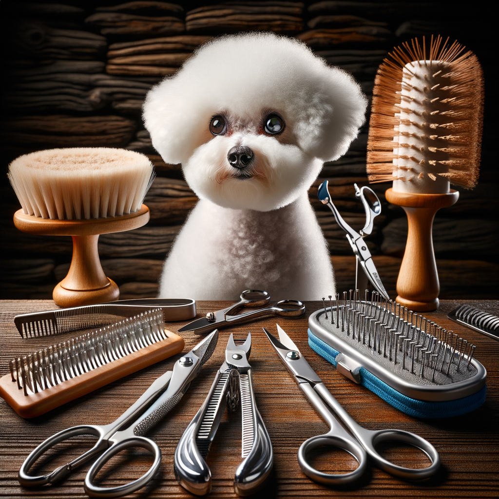 Professional Bichon Frises grooming kit showcasing essential grooming equipment for dogs like slicker brush, thinning shears, and nail clippers, best for Bichon Frises hair care and grooming.