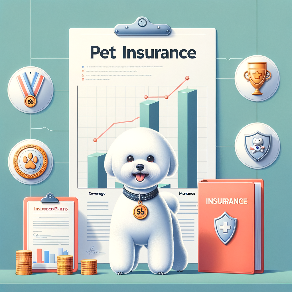 Bichon Frise dog with pet insurance policy symbols, highlighting Bichon Frise Insurance Coverage, Best Insurance for Bichon Frise, and Bichon Frise Insurance Cost for an article on Bichon Frise Pet Insurance.