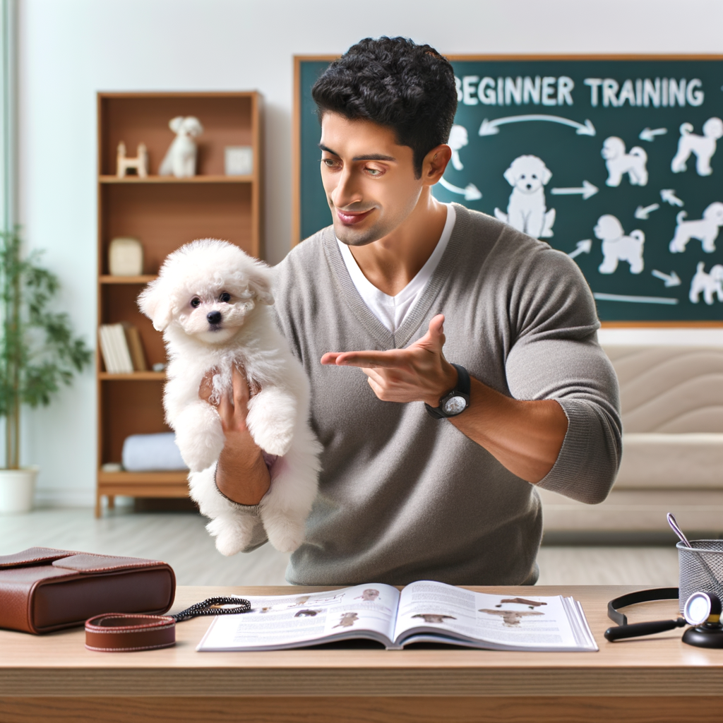 Professional dog trainer demonstrating Bichon Frise puppy training techniques and behavior, including a Bichon Frise training guide and essential puppy care tools for effective Puppy Training 101.