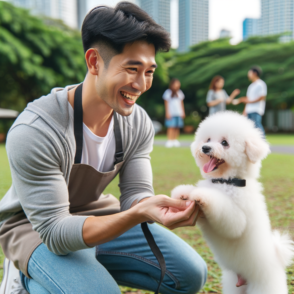 Professional dog trainer conducting successful Bichon Frise training in a park, demonstrating Bichon Frise socialization tips and building positive experiences for dogs.