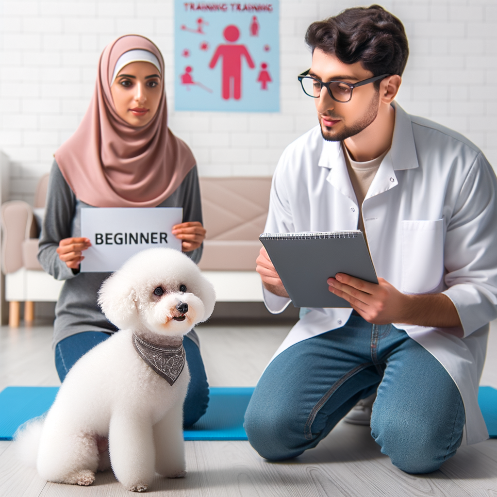 Professional dog trainer teaching beginner-friendly Bichon Frise training methods to a new owner, showcasing best training tips for Bichon Frise in a comprehensive guide.