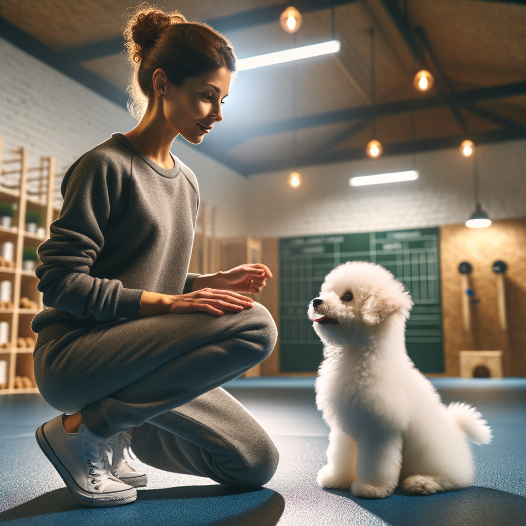 Professional dog trainer implementing successful Bichon Frise training strategies and obedience techniques, showcasing a well-behaved Bichon Frise puppy for effective dog training triumphs.