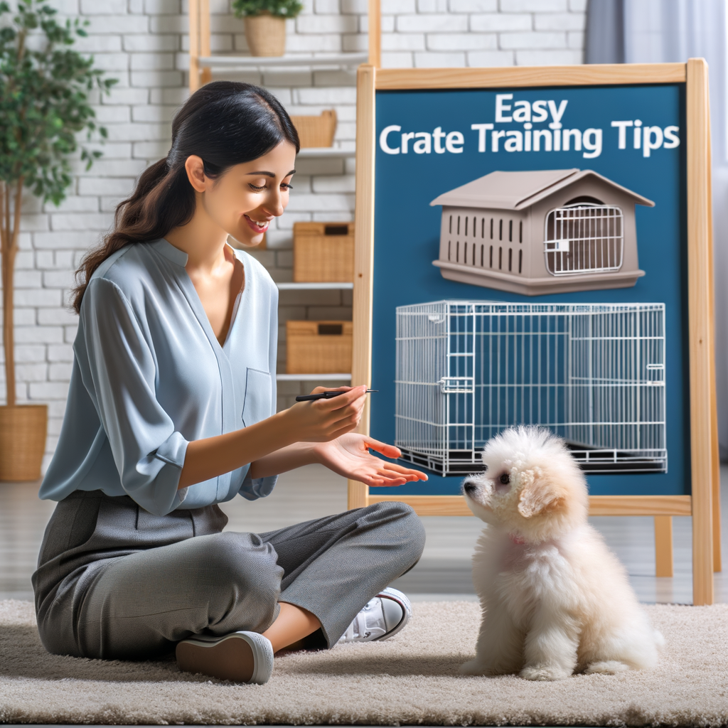 Professional dog trainer providing easy crate training tips to a Bichon Frise puppy, demonstrating a positive Bichon Frise crate introduction for effective crate training.