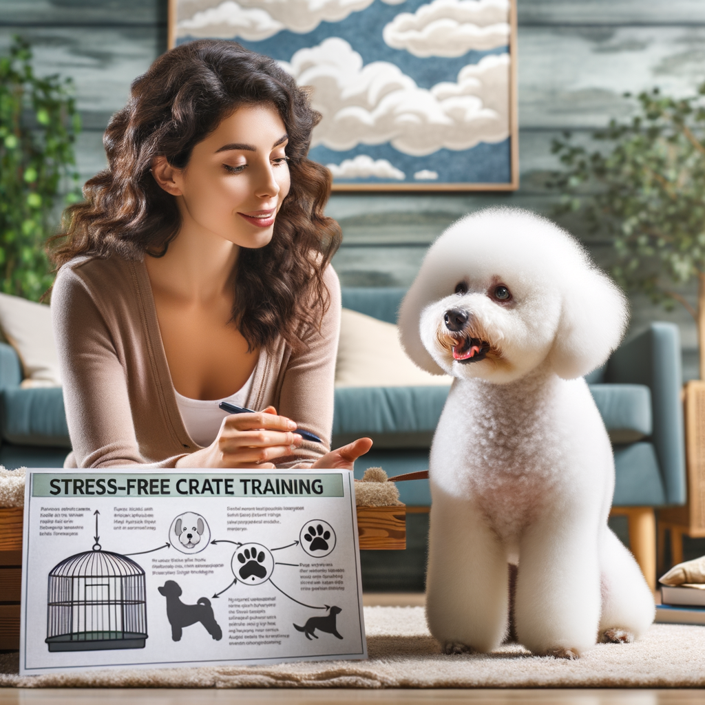 Professional trainer demonstrating stress-free crate training techniques to a Bichon Frise, with a Bichon Frise crate training guide in the background, creating a calm environment for Bichon Frise behavior training.