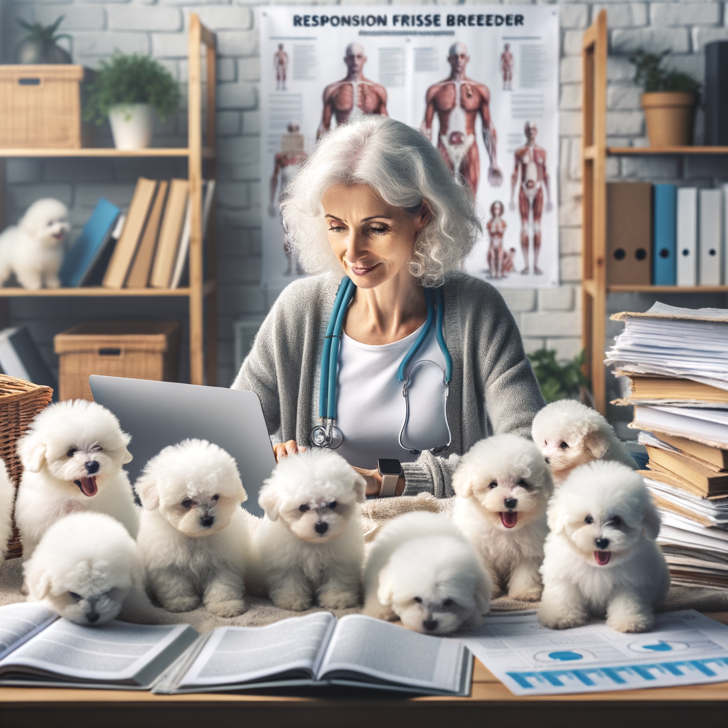 Reputable Bichon Frise breeder attentively observing Bichon Frise puppies, surrounded by breeding basics books and charts, with a laptop displaying breeder reviews and a guide on choosing the right Bichon Frise breeder.