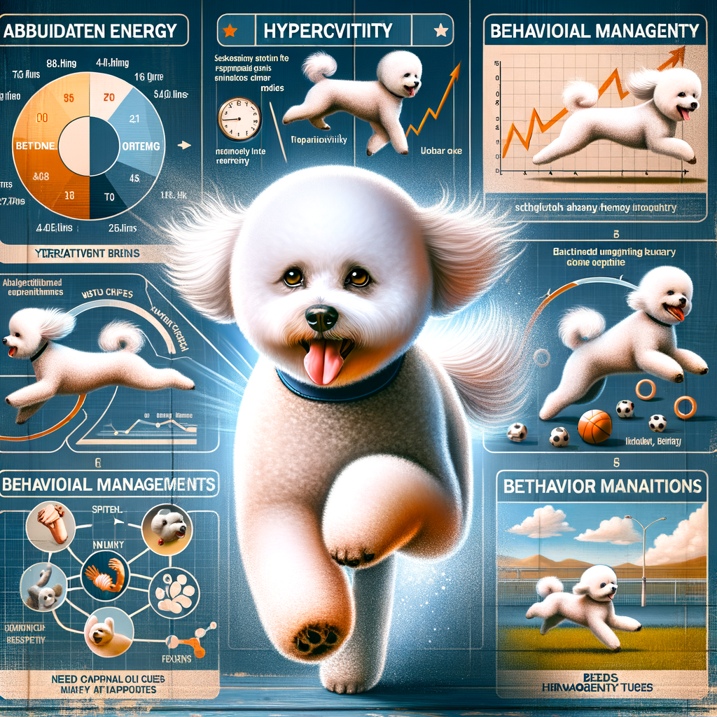 High energy Bichon Frise engaging in activities demonstrating Bichon Frise energy levels, exercise requirements, and behavior management techniques for controlling Bichon Frise hyperactivity.