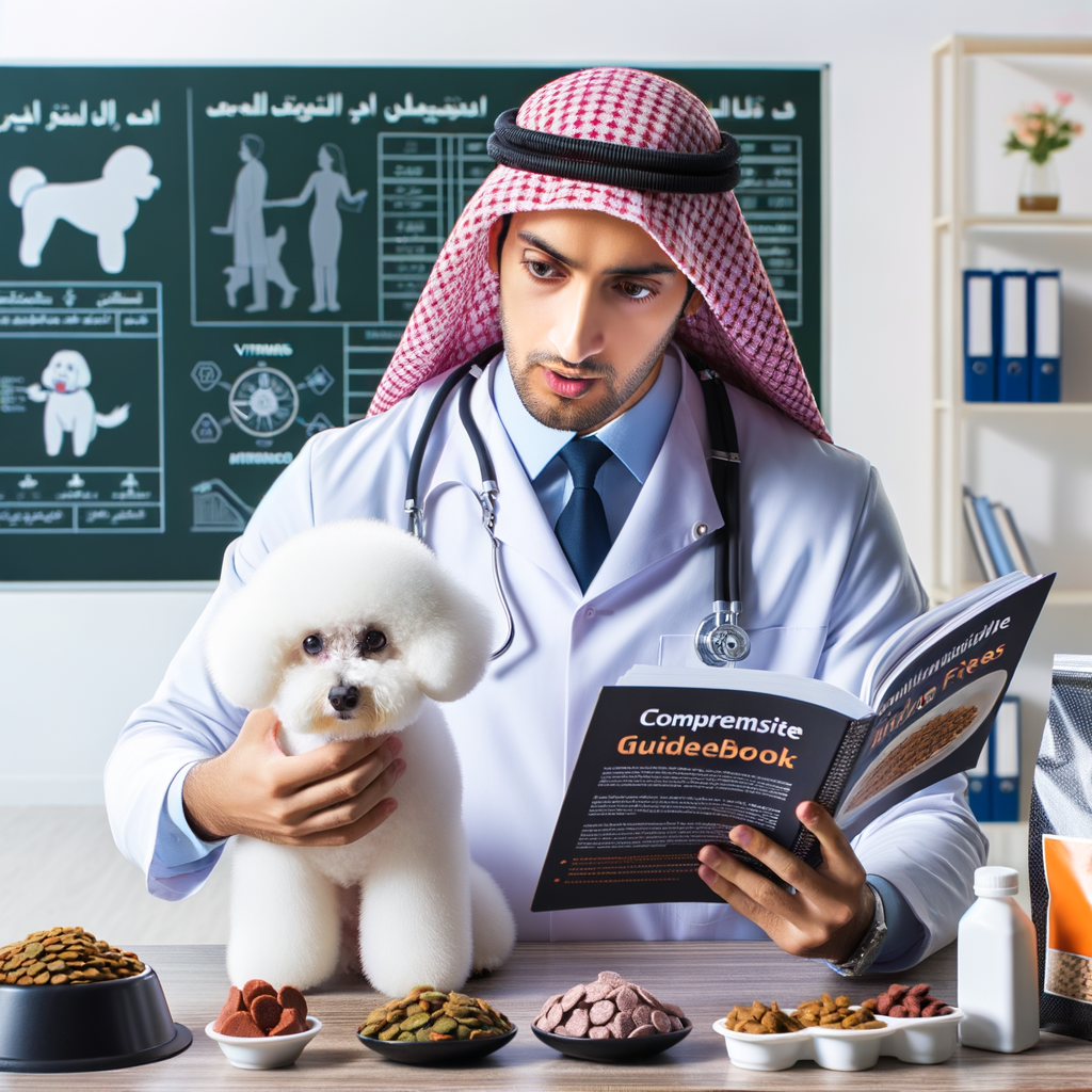 Veterinarian explaining optimal Bichon Frise diet for health, with a variety of food options and a Bichon Frise food guide for feeding tips and nutrition.