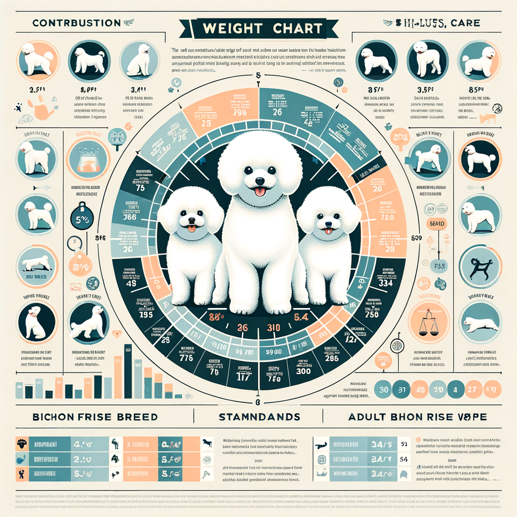 Infographic of Bichon Frise weight chart indicating healthy weight range, size, care, diet, and breed standard for adult Bichon Frise health.