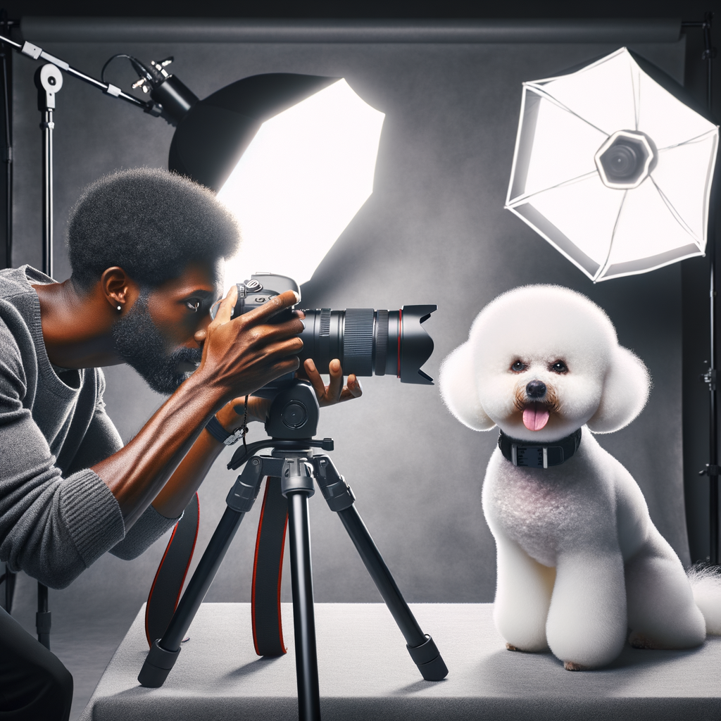 Professional photographer demonstrating Bichon Frise photography techniques with a well-lit studio setup and a perfectly posed Bichon Frise for a step-by-step dog photography guide.