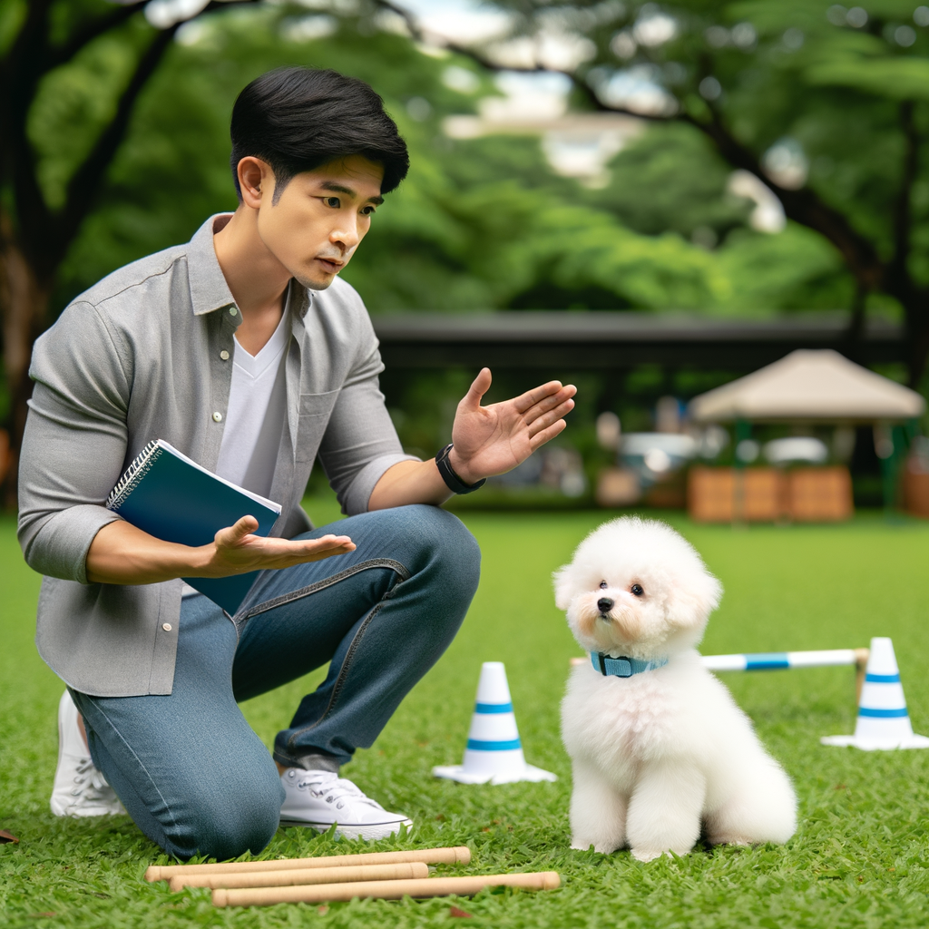 Professional dog trainer demonstrating Bichon Frise obedience and manners training, with a well-behaved Bichon Frise puppy attentively following commands for effective behavior training and discipline.