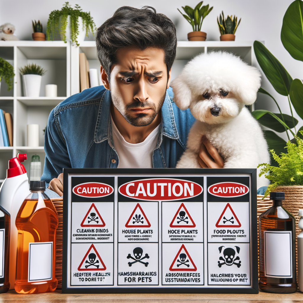 Bichon Frises owner identifying harmful household products for dogs, highlighting common hazards for Bichon Frises, with a background of pet safety at home tips and pet-friendly alternatives