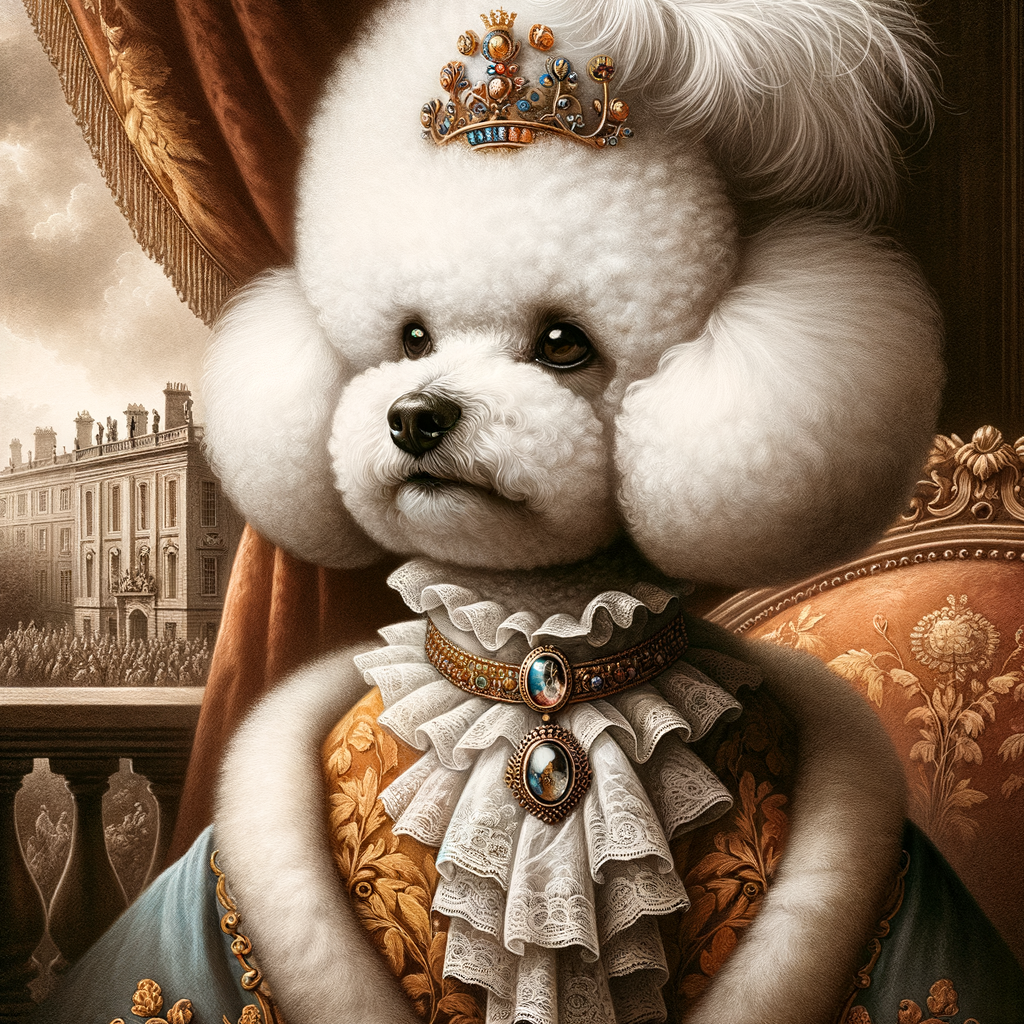 Majestic Bichon Frises in royal courts, showcasing their history as royal companions dogs and their rich narrative with monarchs