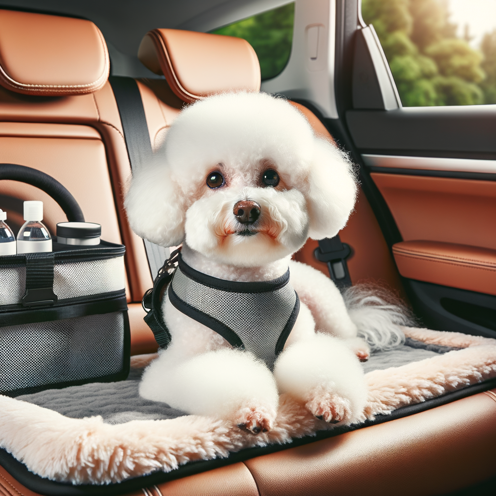 Bichon Frise safely secured in a car with pet travel accessories, embodying Bichon Frise car travel tips for a safe and dog-friendly journey as per the Bichon Frise travel guide.