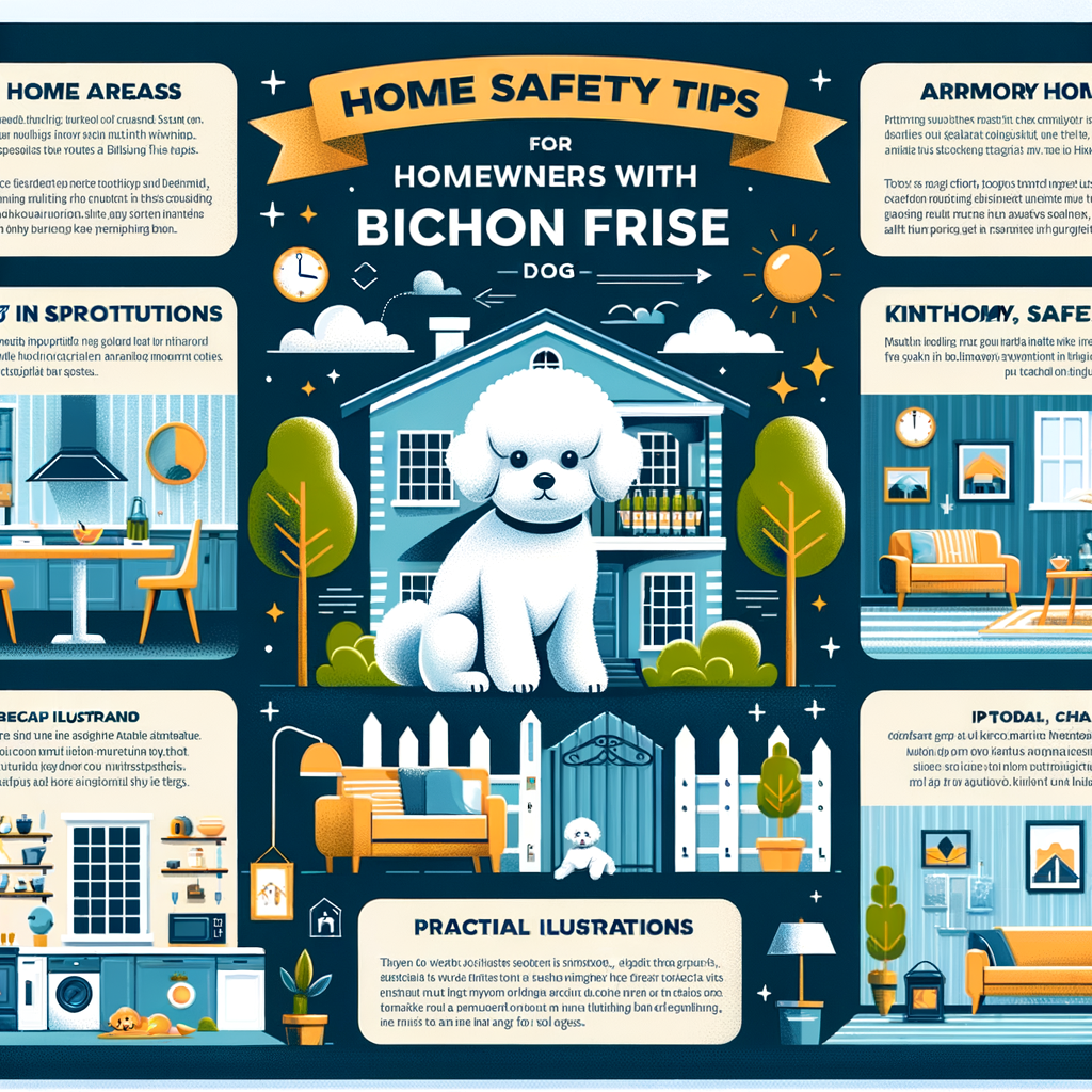 Infographic showing essential Bichon Frise safety measures and home care tips for Bichon Frise owners to protect their pets at home.
