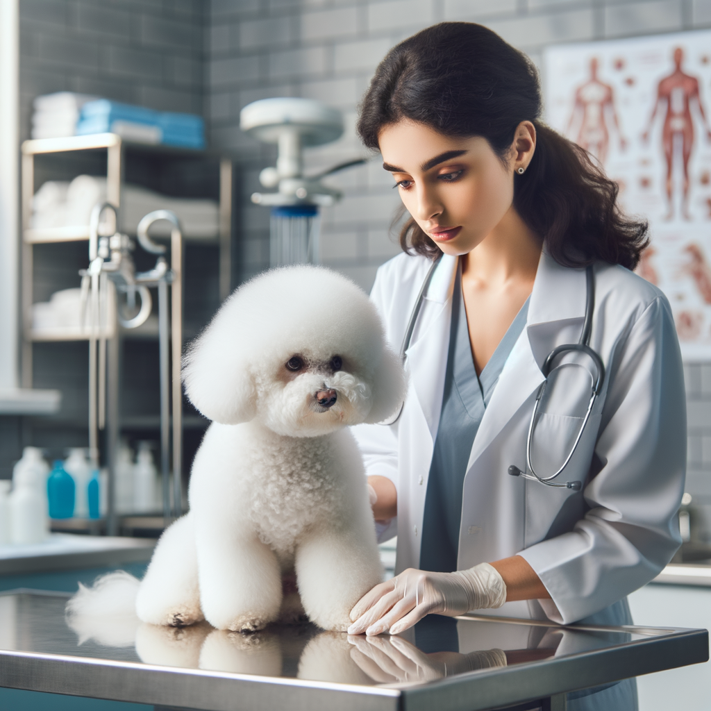 Compassionate Bichon Frise vet examining a dog in a clinic, emphasizing the importance of choosing a veterinarian considering Bichon Frise health needs and care for the best Bichon Frise care.