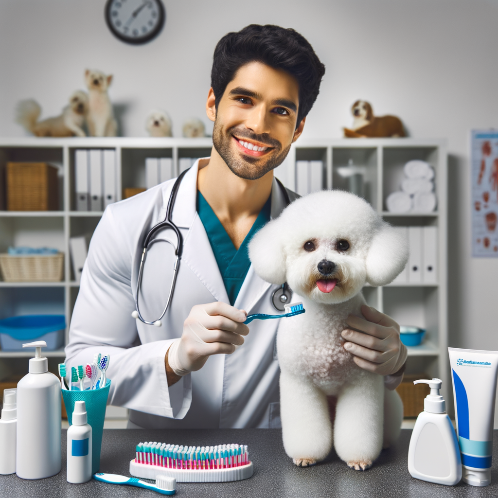 Veterinarian demonstrating Bichon Frise dental care and teeth cleaning techniques in a clinic, emphasizing the importance of Bichon Frise oral hygiene and dental health with various dog dental care tips and tools.