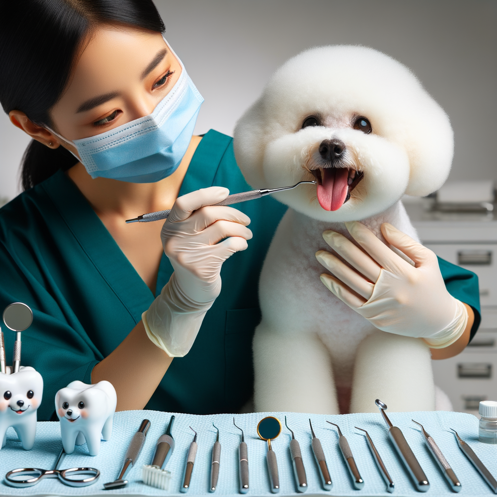 Veterinarian demonstrating Bichon Frise teeth cleaning for maintaining oral hygiene, highlighting Bichon Frise dental health and care tips for keeping pearly whites clean.