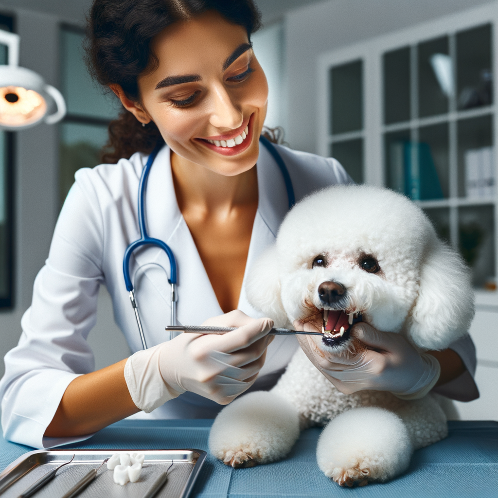 Veterinarian performing Bichon Frise teeth cleaning, demonstrating dental discipline for dogs and providing dog dental health tips to maintain Bichon Frise oral hygiene and prevent dental problems.