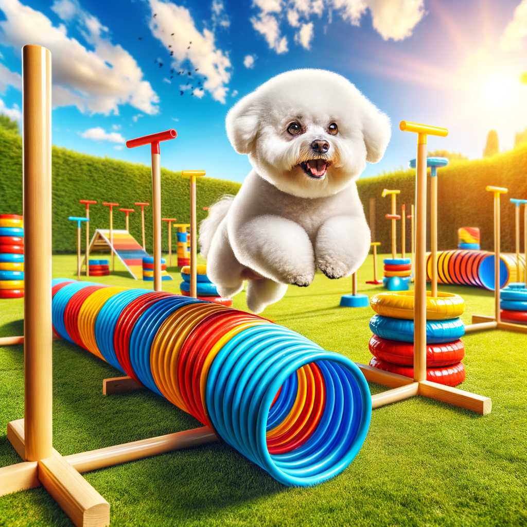 Bichon Frise engaging in fun dog exercises and unique workout routines on a colorful agility course, promoting Bichon Frise fitness and active playtime.