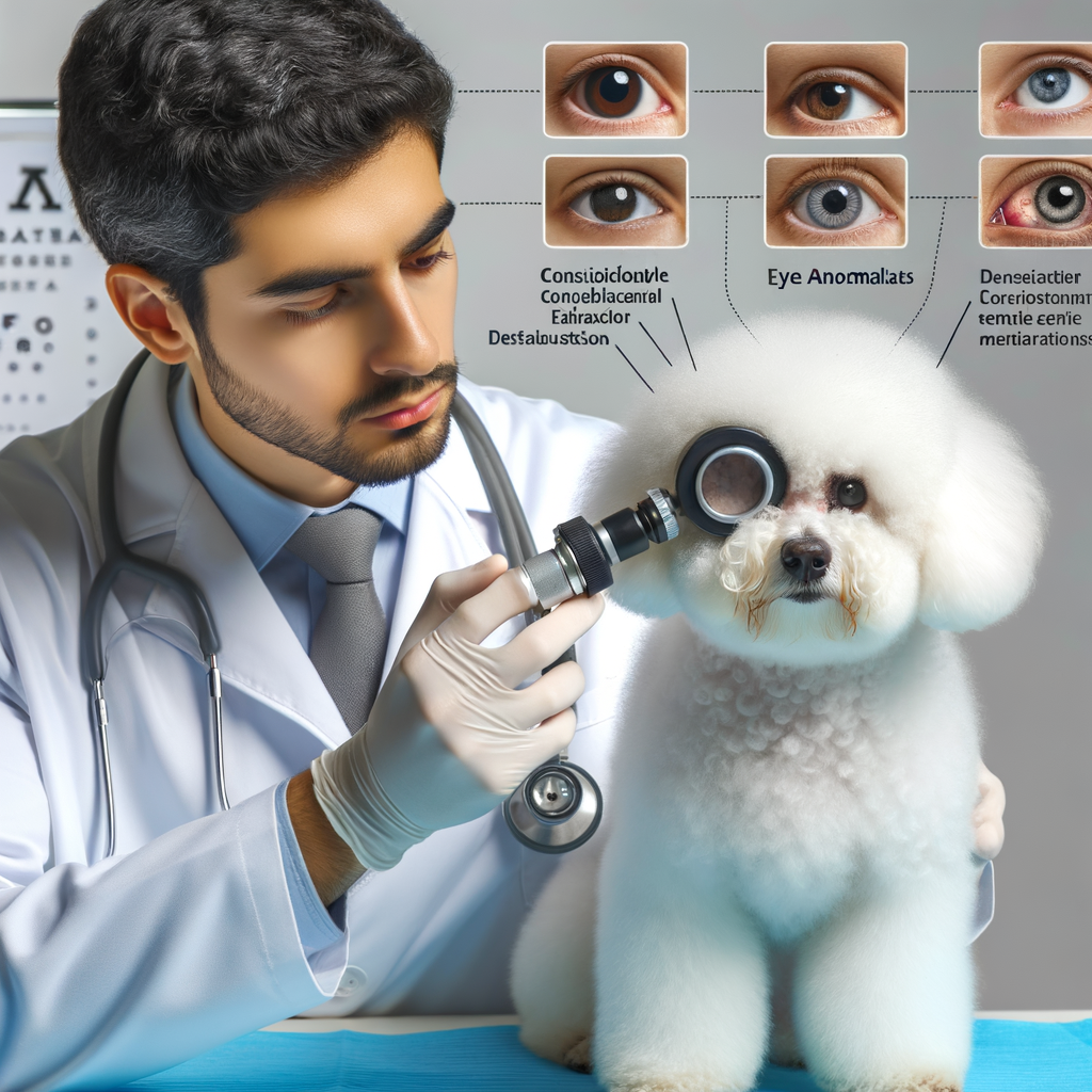 Veterinarian examining Bichon Frise's eyes, identifying common eye diseases and symptoms, with Bichon Frise eye care products and treatment options displayed, highlighting the importance of regular eye health checks and prevention of eye problems.