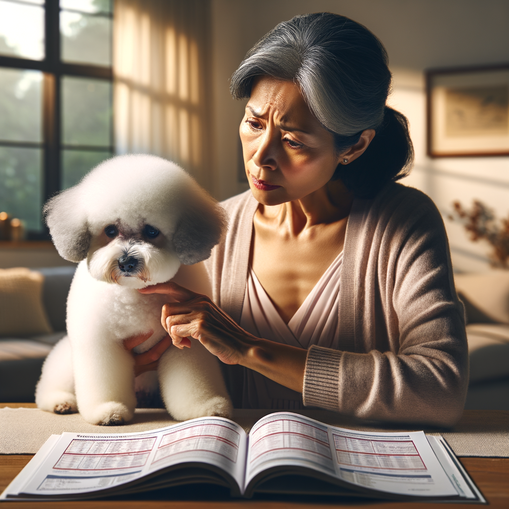Owner checking Bichon Frise symptoms for health issues, using a comprehensive health guide and illness indicators list, emphasizing the importance of recognizing signs of sickness and seeking timely veterinary care.