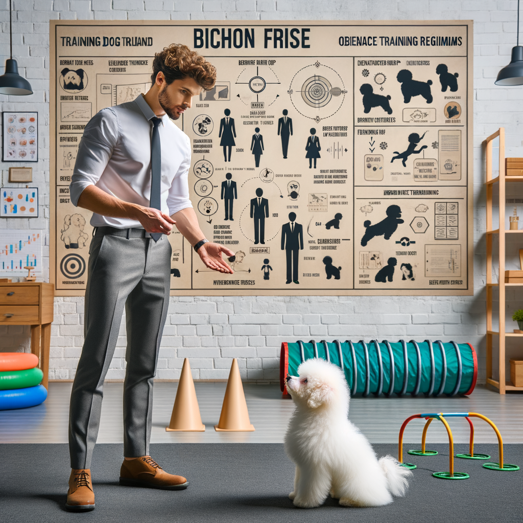 Professional dog trainer teaching basic commands for Bichon Frise puppy during obedience training session, with visual aids of Bichon Frise training tips and beginner's guide in the background.