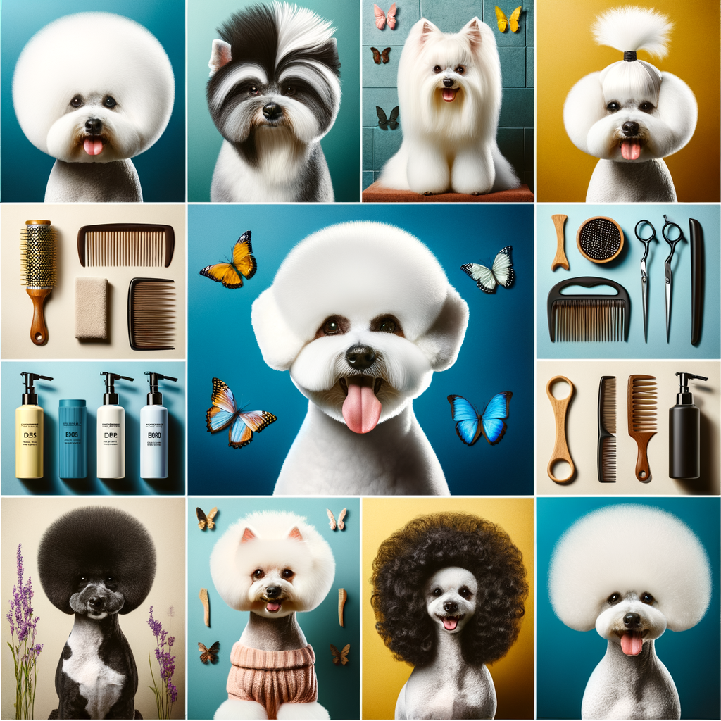 Collage of trendy Bichon Frise haircuts, unique hairstyles, grooming styles, and hair care products, along with tips for maintaining stylish Bichon Frise haircuts and grooming trends.