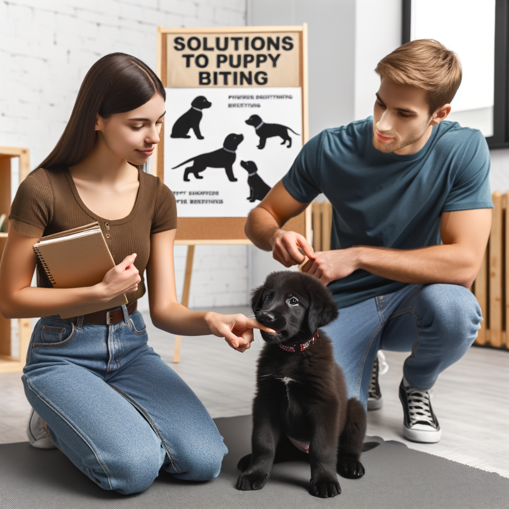 Professional dog trainer demonstrating effective puppy biting solutions and mouthing strategies to a new dog owner, providing tips on managing puppy behavior and preventing biting issues using proven puppy training techniques.