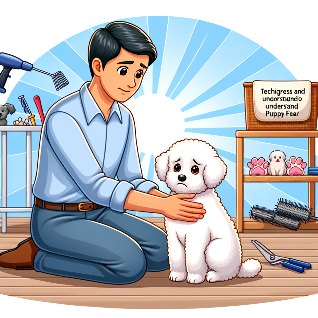 Professional dog trainer demonstrating techniques for dealing with Bichon Frise puppy fear periods, providing understanding and solutions for new Bichon Frise owners managing puppy fear stages and training fearful puppies.